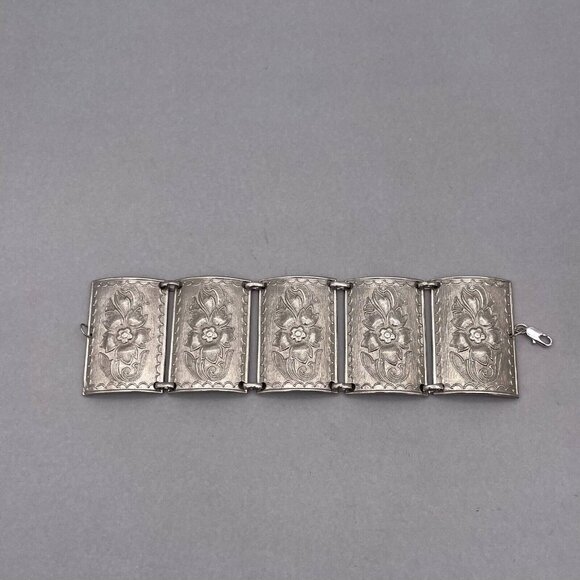 Floral Wide Link Cuff Panel Bracelet Lobster Closure Silver Tone - Picture 4 of 7